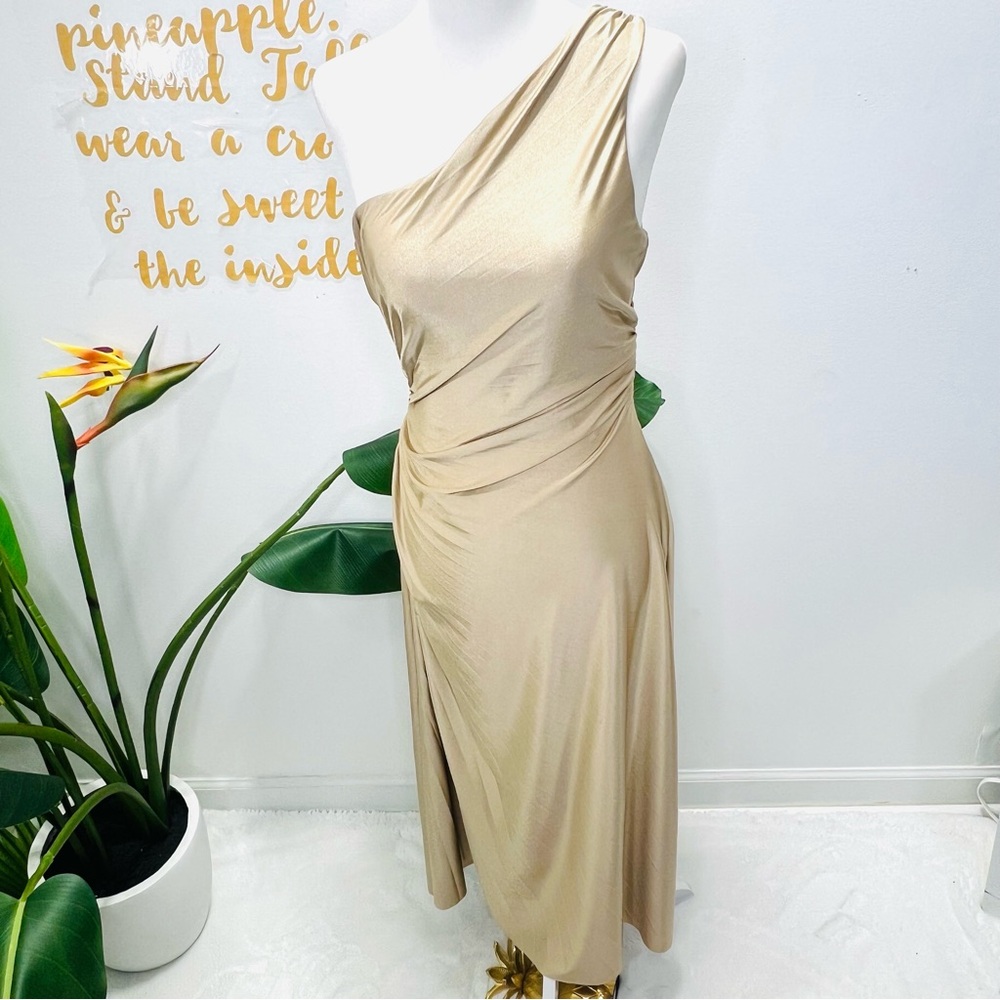 DELFI COLLECTIVE Solie Dress Pleated One Shoulder Champagne Gold Size XS - Picture 2 of 16